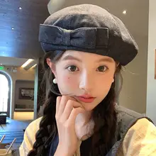 甘美なデザインの二重リボンデニムベレー帽【女性用・小顔効果・画家帽】