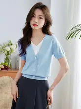 涼感素材のVネックニットトップス【短袖・ゆったりシルエット・カジュアル】（セットアップ対応）