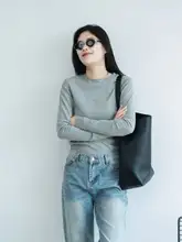 レディース 薄手 長袖 Tシャツ【スリムフィット・単色・通勤用・霧がかった青・ブラック】
