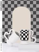 CONGSTUDIO 北欧風 チェスボードデザイン 陶器マグカップ【コーヒー＆ミルク用・レトロスタイル】