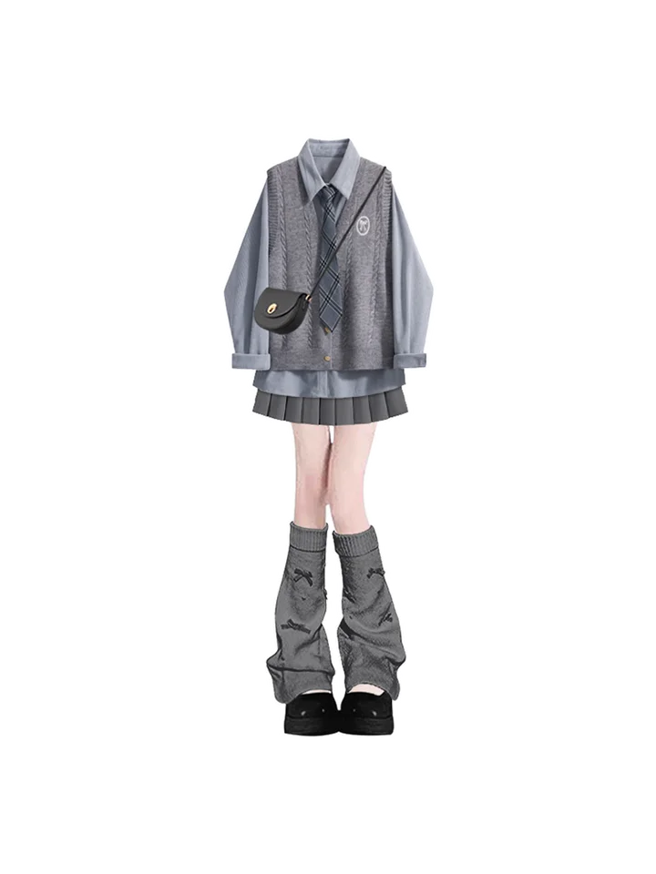 春の学院風グレーのワンピース【かわいいJK制服・ショートスカート】（セットアップ対応）