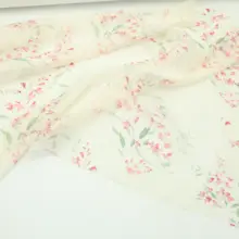 パール光沢のある柔らかい半透明生地【米白色・ピンク蘭花水墨プリント・欧根布】