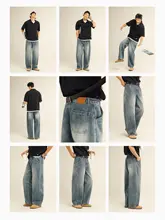 デニムパンツ メンズ ウォッシュ加工 カーブドシルエット ワイドストレート 耐久性 アメリカンスタイル 春「ACTUP」