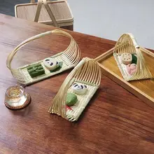 新中式バンブーバスケット【お茶菓子やフルーツ用・ハンドル付き・創意デザイン】