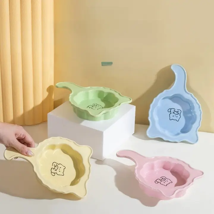 猫耳デザインの陶器製ペットボウル【キャット＆ドッグ用・ハンドル付き・平底】