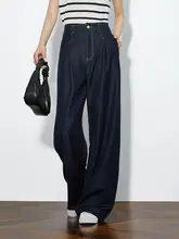 高身長対応 ドレープ感のあるストレッチデニムパンツ【ウエストハイ・ワイドレッグ・柔らかな風合い】（セットアップ対応）