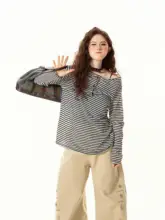 レトロで感あるオフショルダーストライプ長袖Tシャツ【夏用・ゆったり・薄手】