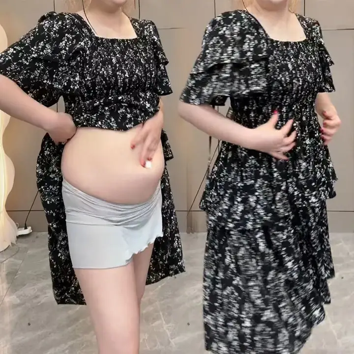 大人の魅力あふれるフラワープリントのシフォンワンピース【方形ネック・夏用・大きいサイズ・体型カバー】