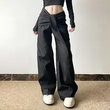 不規則なプリーツデザインのパンツ【女性用・ワイドフィット・スリム効果・ストレート】