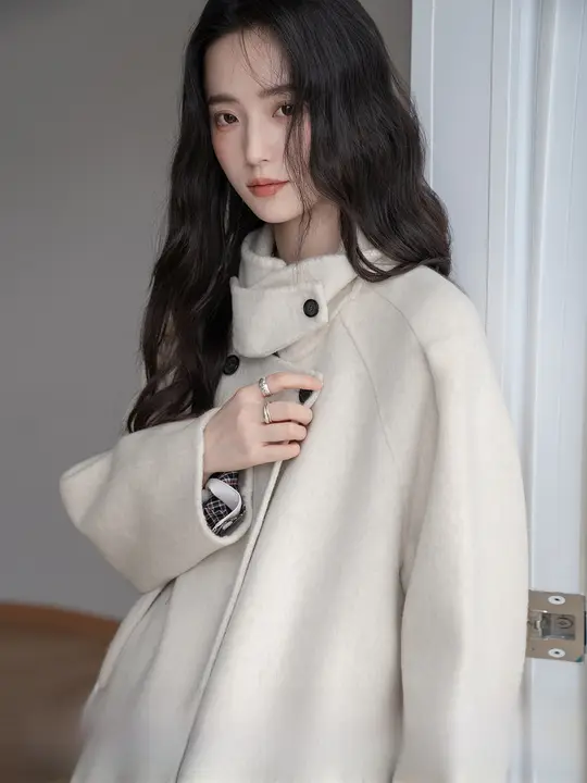 オートミール色の両面使用可能なカシミヤウールコート【ロング丈・防寒・女性用】