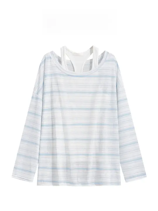 2点セット レディース 長袖Tシャツ ノースリーブ ストライプ バイカラー UVカット ルーズ レイヤード 夏