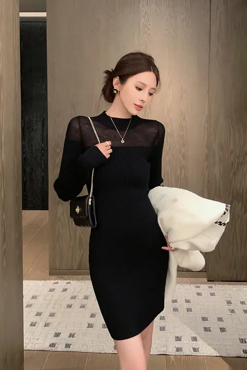 黒の透け感のある修身ニットワンピース【秋冬・セクシー・タイトスカート】
