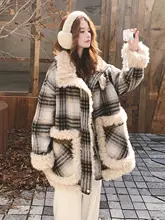 大きいサイズのレトロチェック柄コットンコート【毛皮付き・冬用・暖かい・ゆったりフィット】