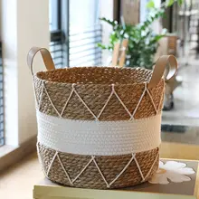 大容量の草編みランドリーバスケット【シンプルデザイン・寝室やリビング用・おもちゃ収納】