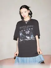 デニム切替のゆったりシルエットワンピース【甘さとクールさを兼ね備えたデザイン】