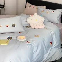 可愛いデザインの刺繍入りコットン掛け布団カバー【柔らかさと心地よさ・主寝室用・四点セット】（セットアップ対応）