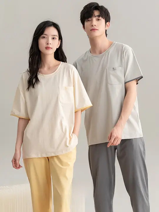 カップル用夏用コットン半袖パジャマ【抗菌・ウェア・男女共用・短袖・長ズボン】（セットアップ対応）