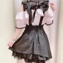 レースデザインのロリータ風サロペットワンピース【スリムフィット・ストラップ付き・大きいサイズ】（セットアップ対応）