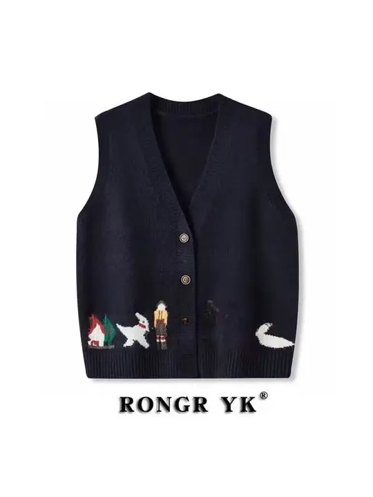 刺繍入りVネックの山羊毛ニットベスト【ゆったりデザイン・秋冬用】