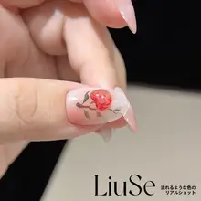 手描きの可愛いフルーツネイルデザイン【短い・ピンク色・猫目タイプ】
