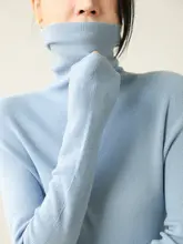 厚手 seamless ハイネックウールニットトップス【女性用・秋冬・スリムフィット・ブルー】