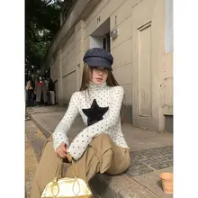 ドット柄高首リブニット　レディース長袖トップス【洗練されたフィット感・秋冬用】