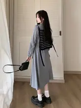 大きいサイズのストライプニットベスト付きドレス【春用・フレンチスタイル・シャツドレス・二部構成】（セットアップ対応）