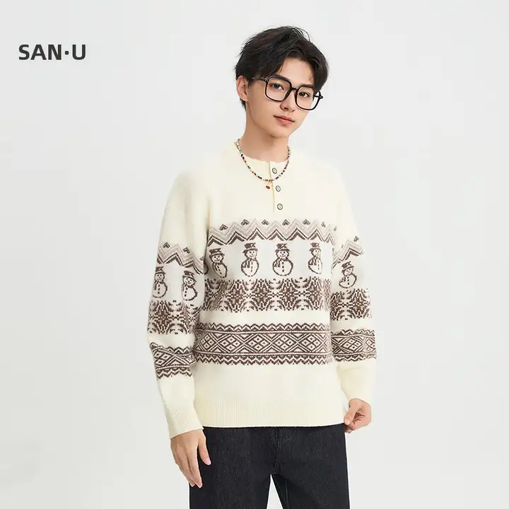 フェアアイルデザインのクルーネックセーター【男性用・カジュアル・ゆったり・小雪人柄】
