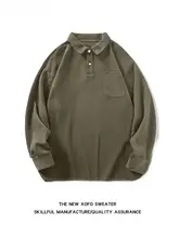 ポロ襟のアメリカンヴィンテージ長袖Tシャツ【秋用・無地・ゆったりカジュアル】（セットアップ対応）