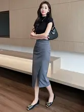 ミディスカート 女性 夏季 ハイウエスト スリット タイトスカート 通勤 中丈 ビジネス スタイル フランス風 プリーツ