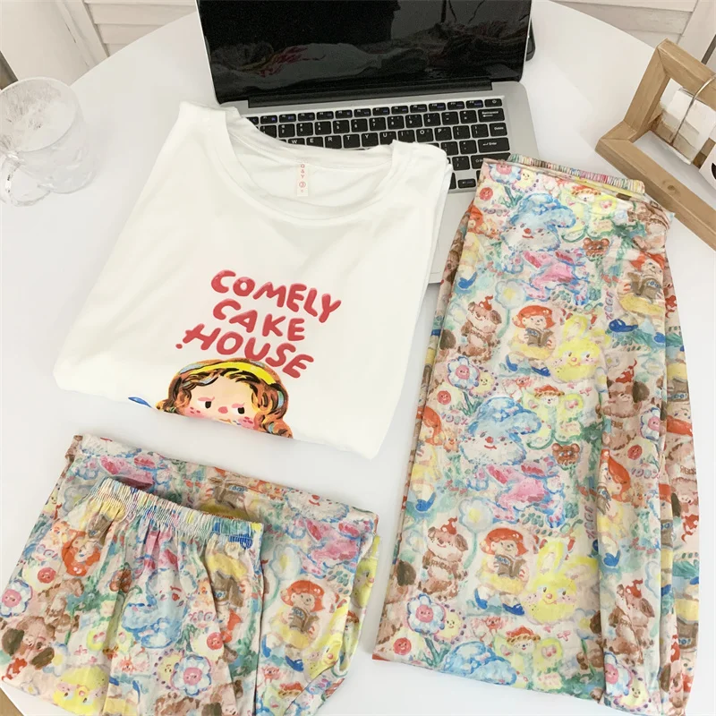 綿製 レディース夏用Tシャツパジャマセット【丸首・可愛いキャラクター・短袖・3点セット】