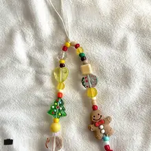 可愛いジンジャーブレッドマンのクリスマスツリー携帯ストラップ【ビーズデザイン・カメラバッグやスマホケースにも最適】
