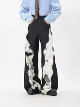 デザイン性のあるパッチワークフリースデニムパンツ【秋用・男女兼用・ワイドレッグ】