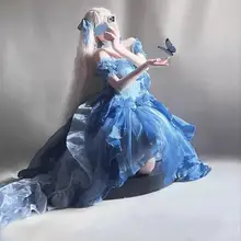 ブルーの花嫁ロリータワンピース【トレーン付き・フリルデザイン・ふんわりシルエット】