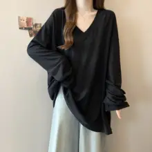 秋季新作の大きいサイズ レディースVネック長袖Tシャツ【フィット・カジュアル・スリム効果】