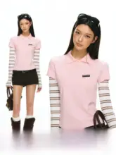 春季新作のピンクストライプ長袖Tシャツ【レトロ風・二重デザイン】（セットアップ対応）