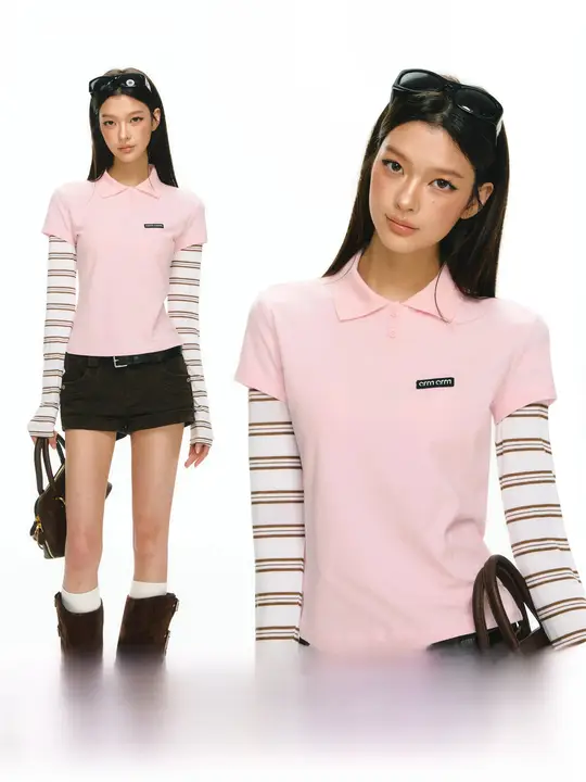 春季新作のピンクストライプ長袖Tシャツ【レトロ風・二重デザイン】（セットアップ対応）