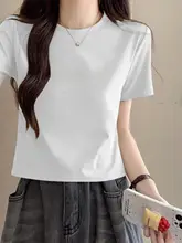 白色コットンショート丈夏用フレンチスタイルラウンドネックTシャツ【女性用・半袖・タイトフィット】