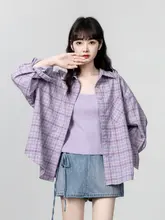 紫色のUVカットチェック柄シャツジャケット【POLOカラー・長袖・トレンド】