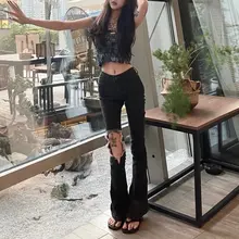 ハイウエストデニムパンツ【伸縮性・スリムフィット・フレアカット】（セットアップ対応）