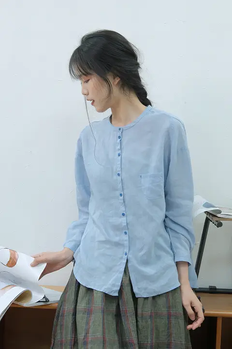 リネン製 春夏用 レディース ボタンダウンシャツ【シンプル・レトロスタイル・立ち襟】