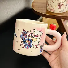可愛い犬デザインのストロー付き陶器マグカップ【フタ付き・誕生日プレゼントに最適】