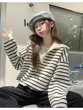 ストライプ長袖ニットセーター【秋冬用・保温性・重ね着風デザイン】（セットアップ対応）