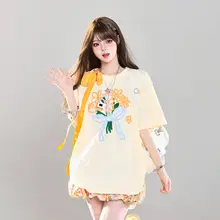 アメリカンレトロフラワー刺繍のリボン付き短袖Tシャツ【ルーズフィット・ショルダーオープン・夏用】