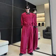 秋冬向け ヴィンテージ風カラー切替レザー襟デザインジャケット【カジュアル・ワイドパンツ・セットアップ対応】
