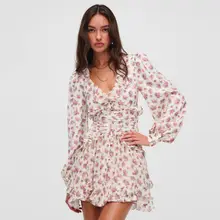 法式ロマンティックフラワープリント長袖ドレス【レースフリル・ウエストマーク・スリムフィット】