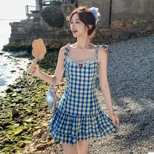 フラワープリントレース切替キャミソールミニドレス【爽やかなブルー・ 夏用・チェック柄】（セットアップ対応）