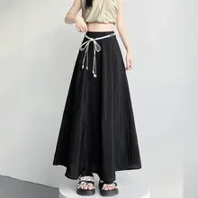 白色のプリーツミディスカート【ハイウエスト・リボン付き・Aライン・フレア】
