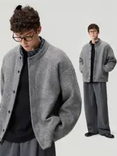チェック柄のジョイントデザイン メンズウールジャケットダウンコート【立ち襟・冬用・極上の柔らかさ】（セットアップ対応）