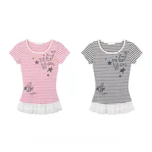レース切り替えストライプ猫プリント半袖Tシャツ【夏用・フィット感・短丈】